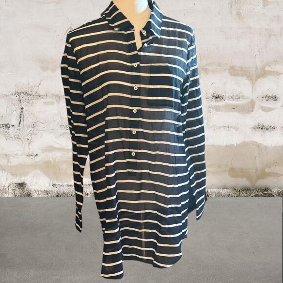 J. Crew NWT Women's Blue and White Striped Sheer Top - Size Medium - Picture 1 of 6